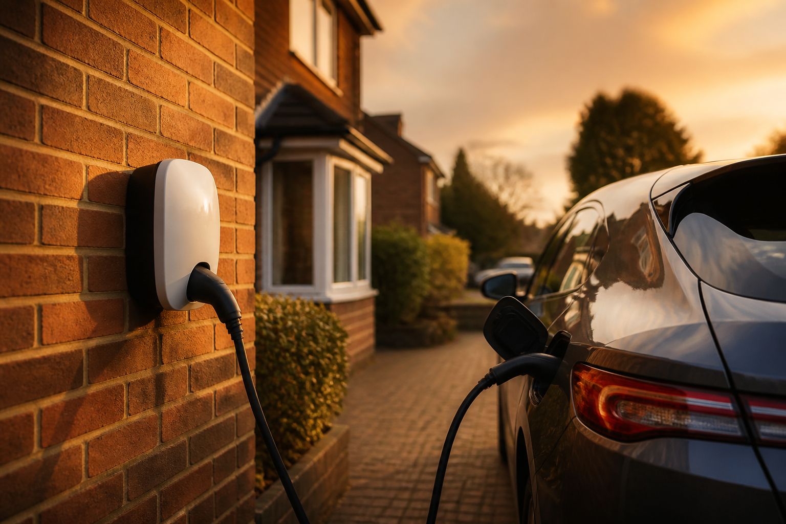 A home EV wallbox charger mounted on a brick wall charging an electric vehicle.