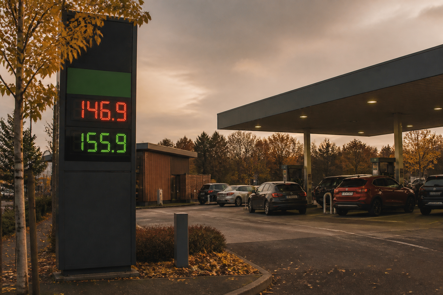Digital price sign at a UK petrol station forecourt showing diesel fuel prices.
