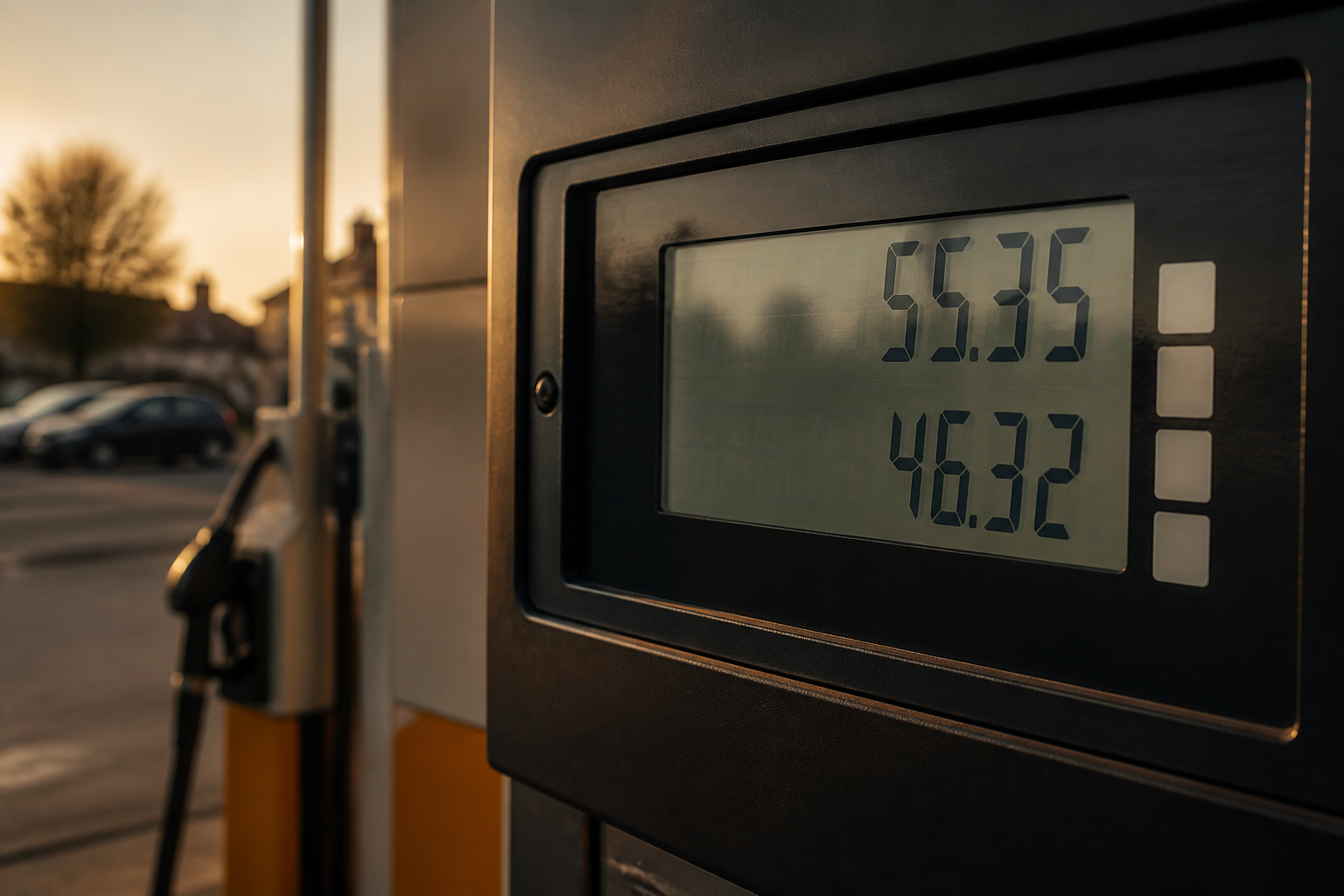 A fuel pump screen displaying prices at a UK petrol station forecourt.