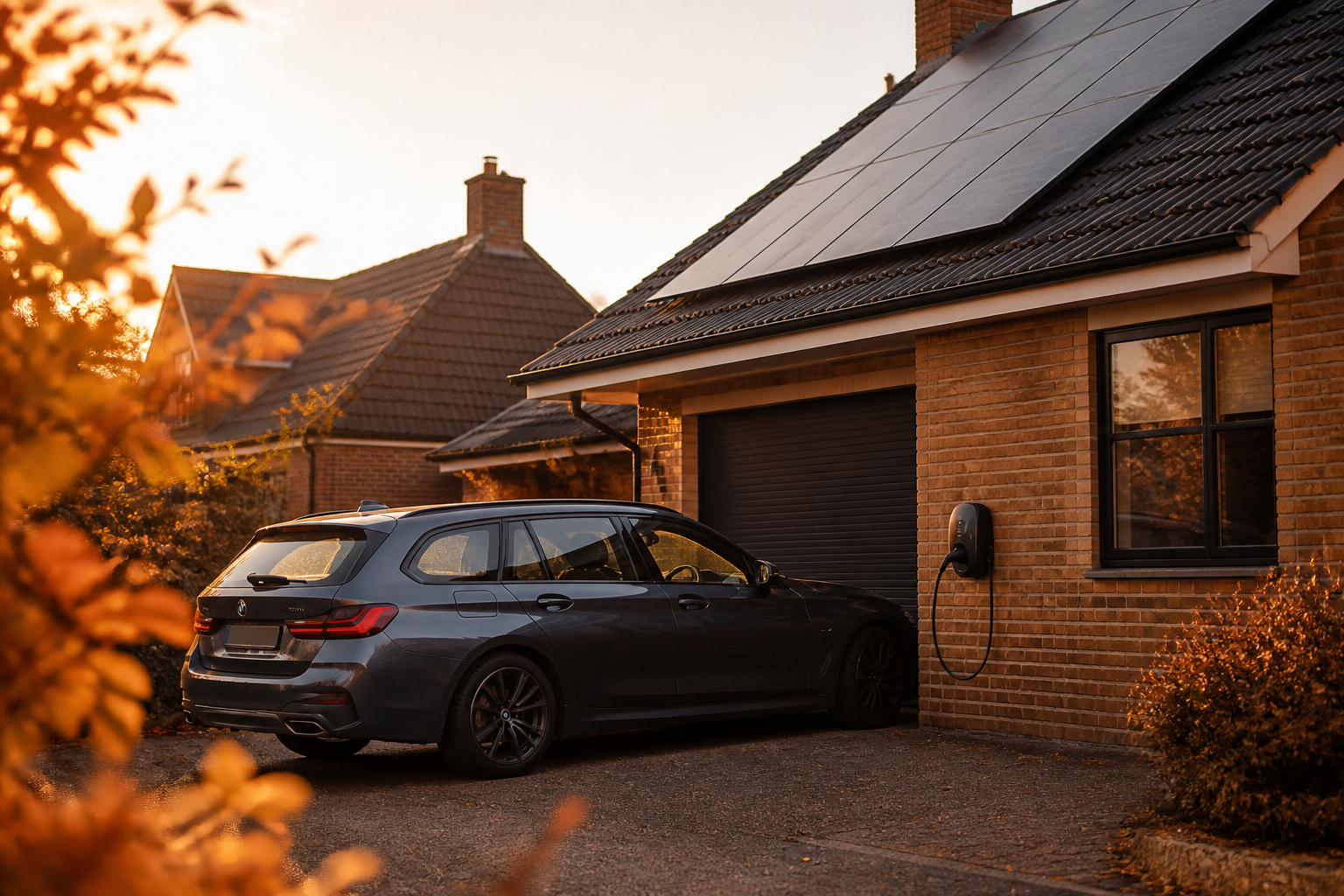A modern UK house driveway featuring solar panels on the roof and an EV charger on the wall.