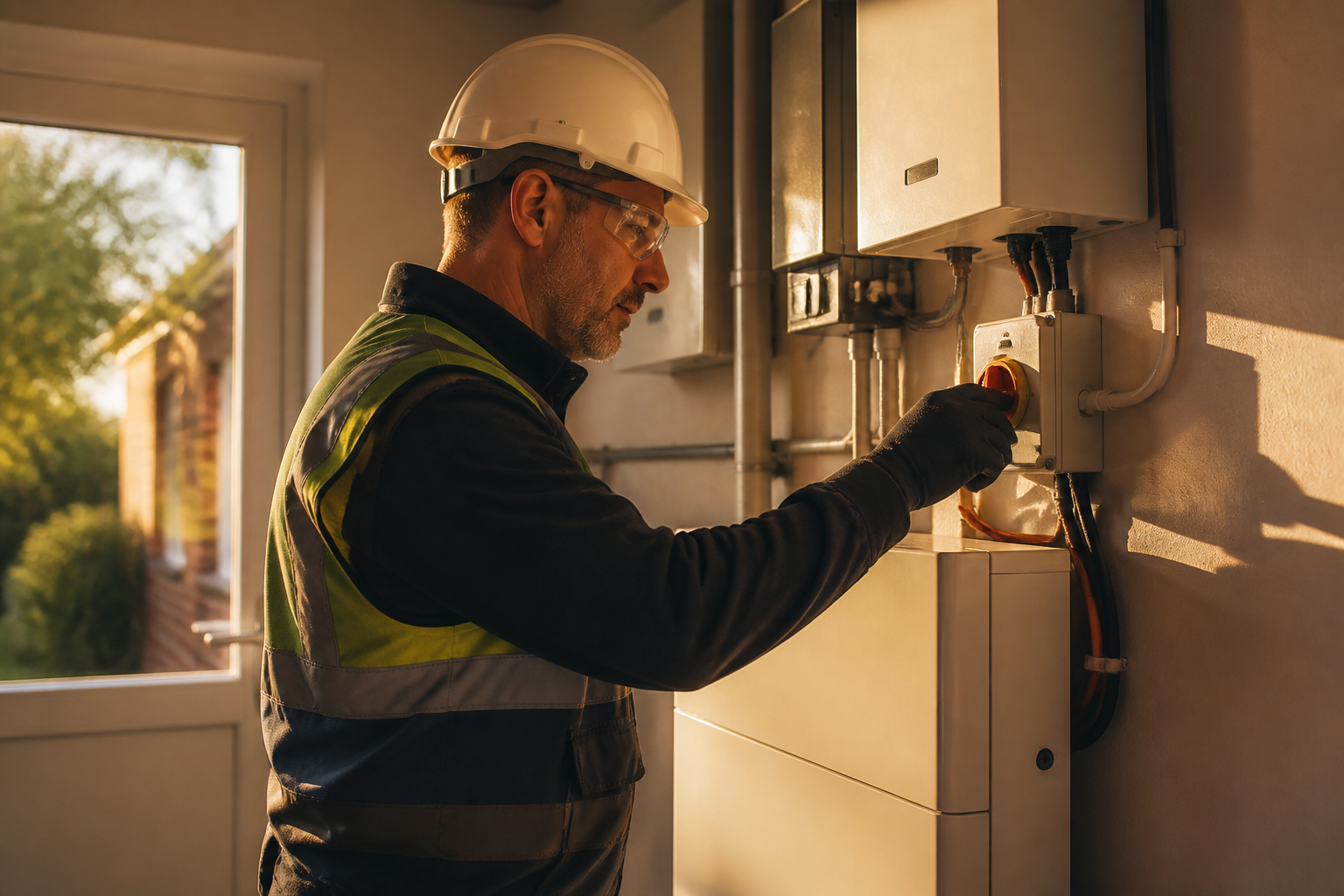 An electrician inspecting a domestic battery storage installation and emergency power isolator switch.