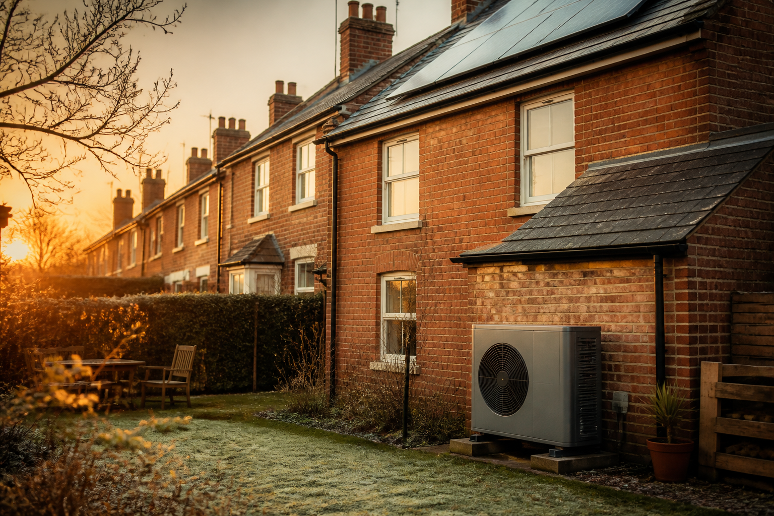 An air source heat pump installed beside a UK brick home during winter, with rooftop solar panels visible.