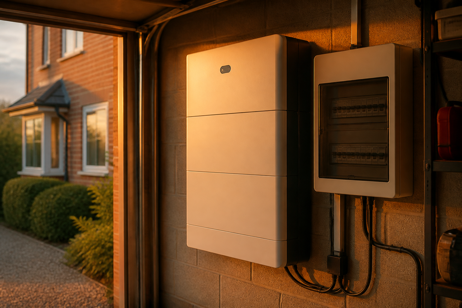 A modern home battery storage unit mounted on a garage wall.