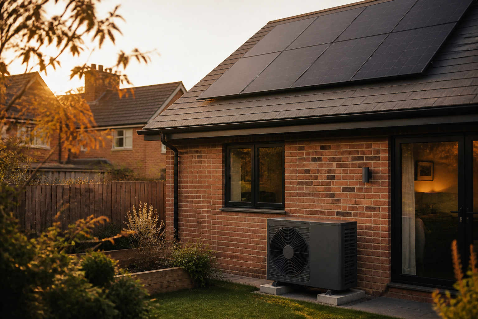 Rooftop solar panels and an outdoor air source heat pump installed at a modern British house.