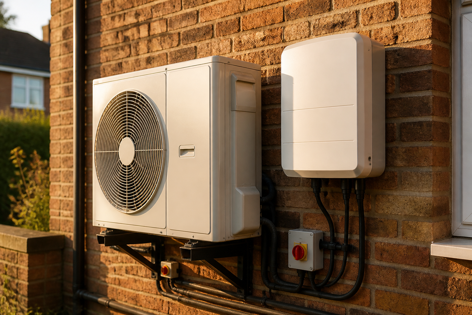 A modern heat pump outdoor unit and solar inverter on a red brick house wall.