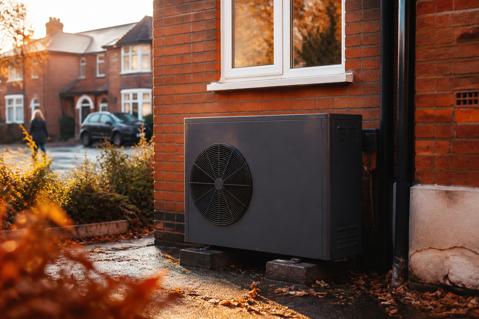 An air source heat pump installed beside the brick exterior wall of a suburban UK property.