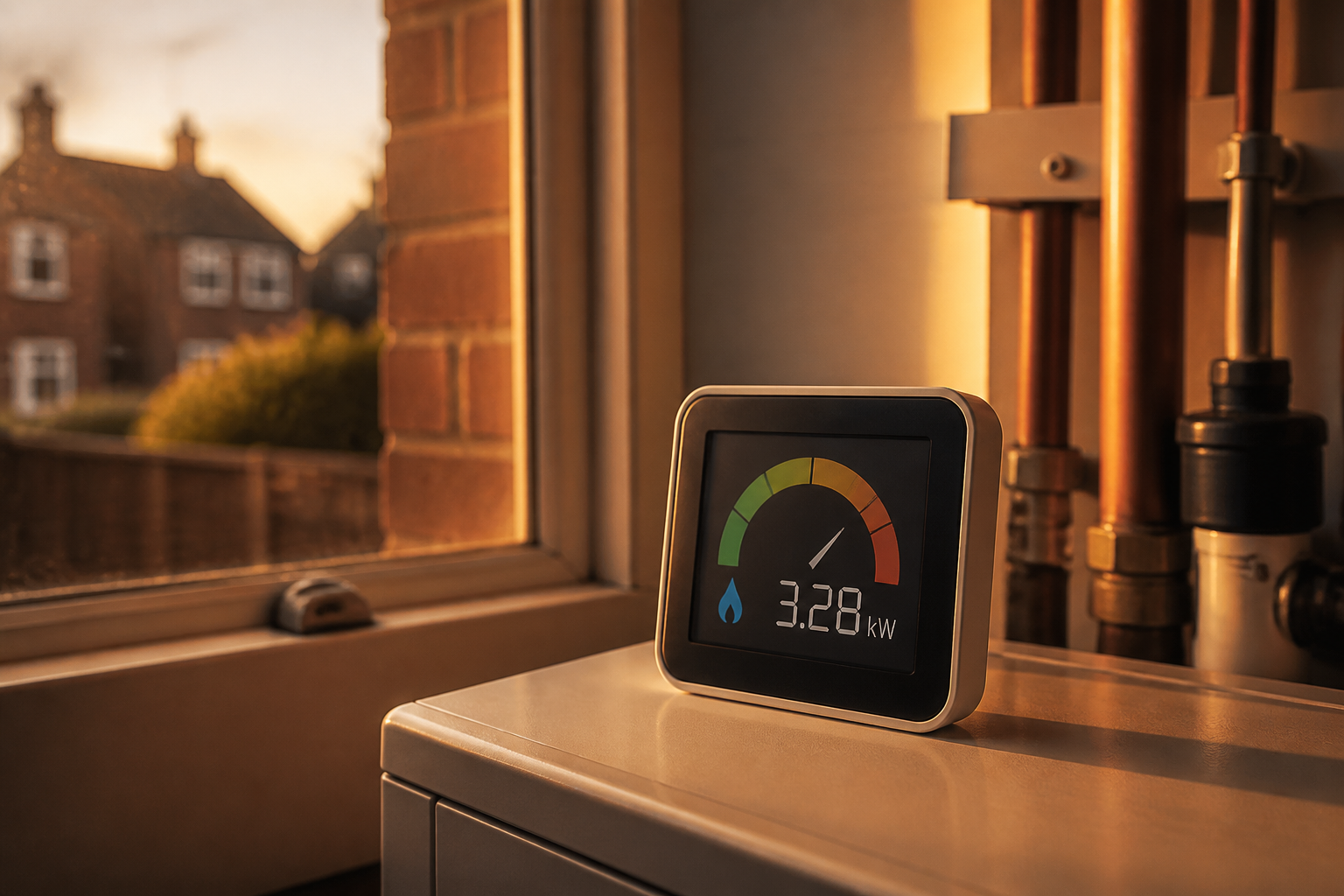A modern digital electricity meter mounted on a wall inside a UK house showing kilowatt-hour readings.