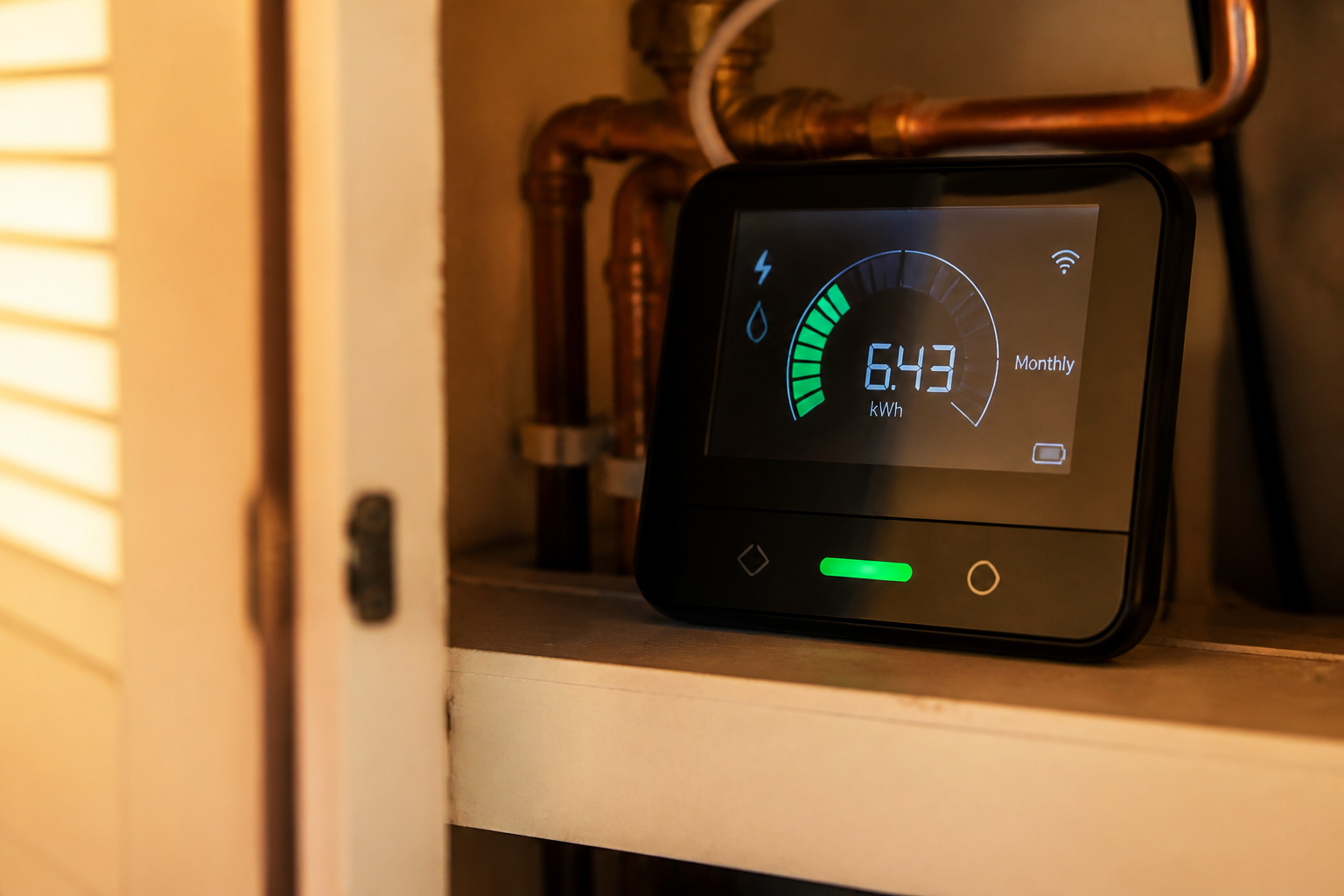 A UK digital smart meter display inside an under-stairs utility cupboard.