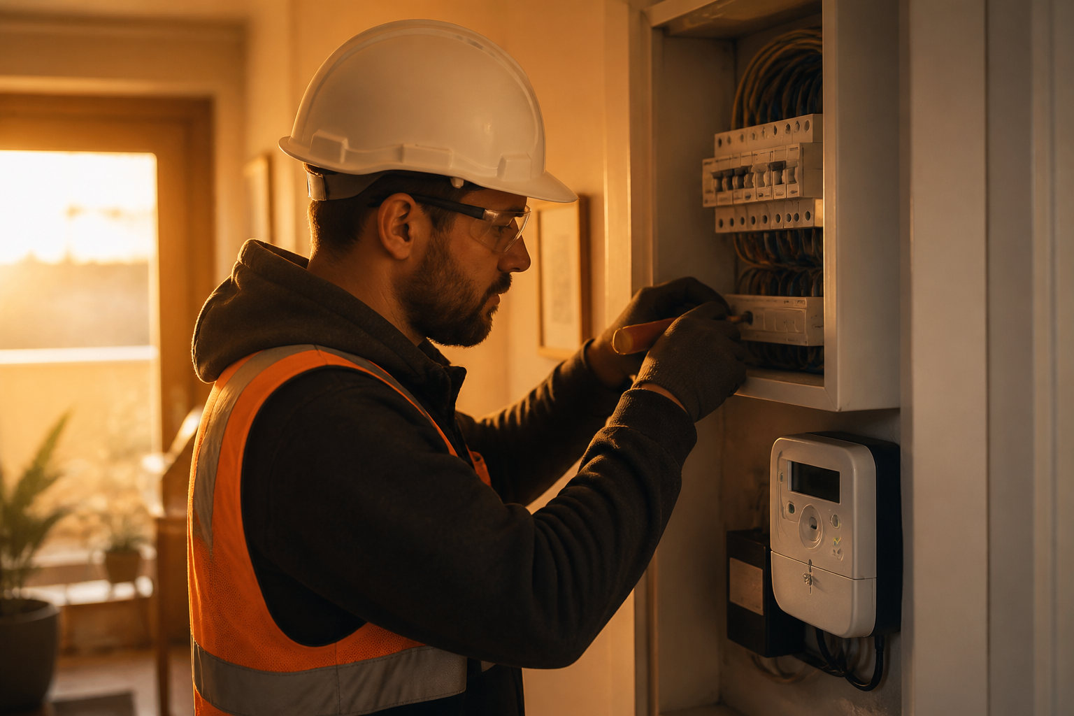 UK electrician inspecting a modern electrical consumer unit in a domestic property.