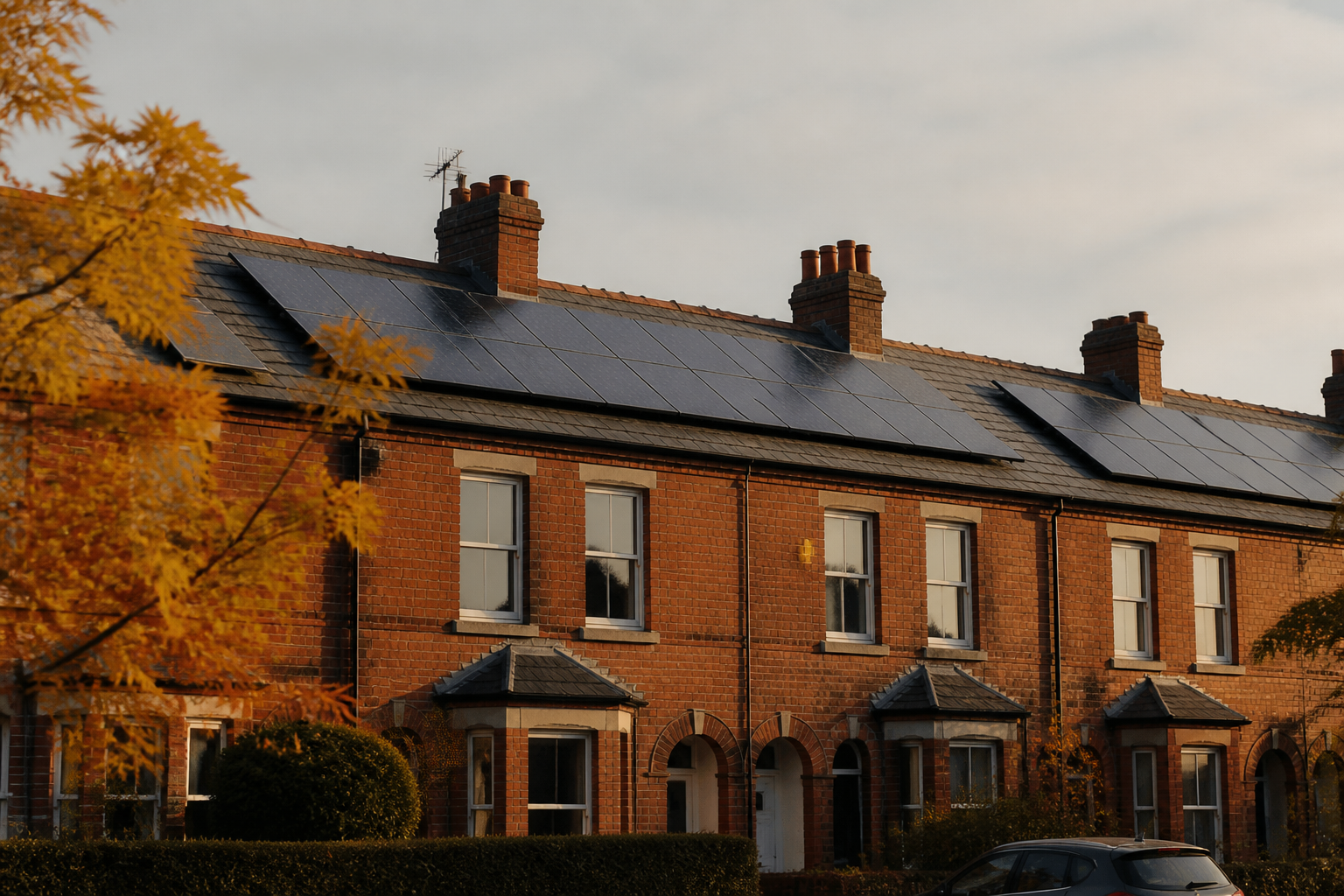 British red brick terraced house with solar panels installed on a slate roof in autumn.