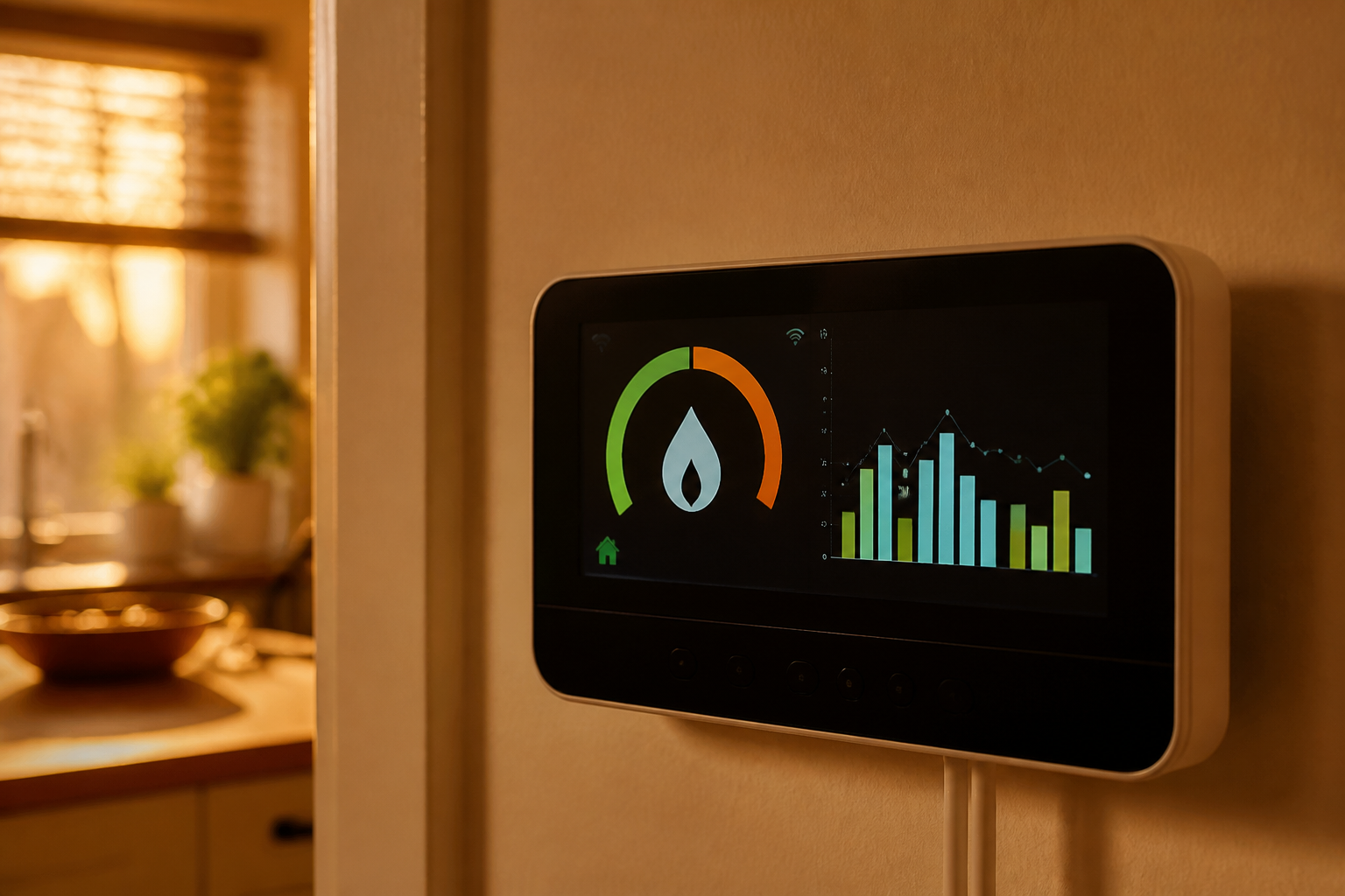 Digital smart meter display on an interior wall in a UK home.