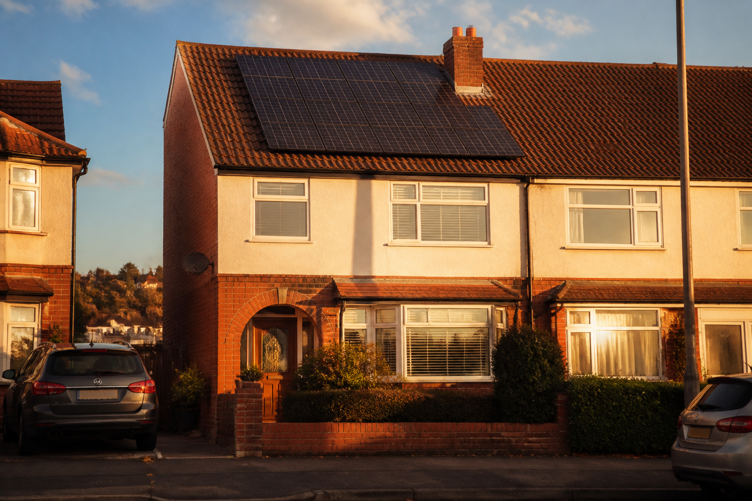 British home featuring roof-mounted solar panels under a blue sky.