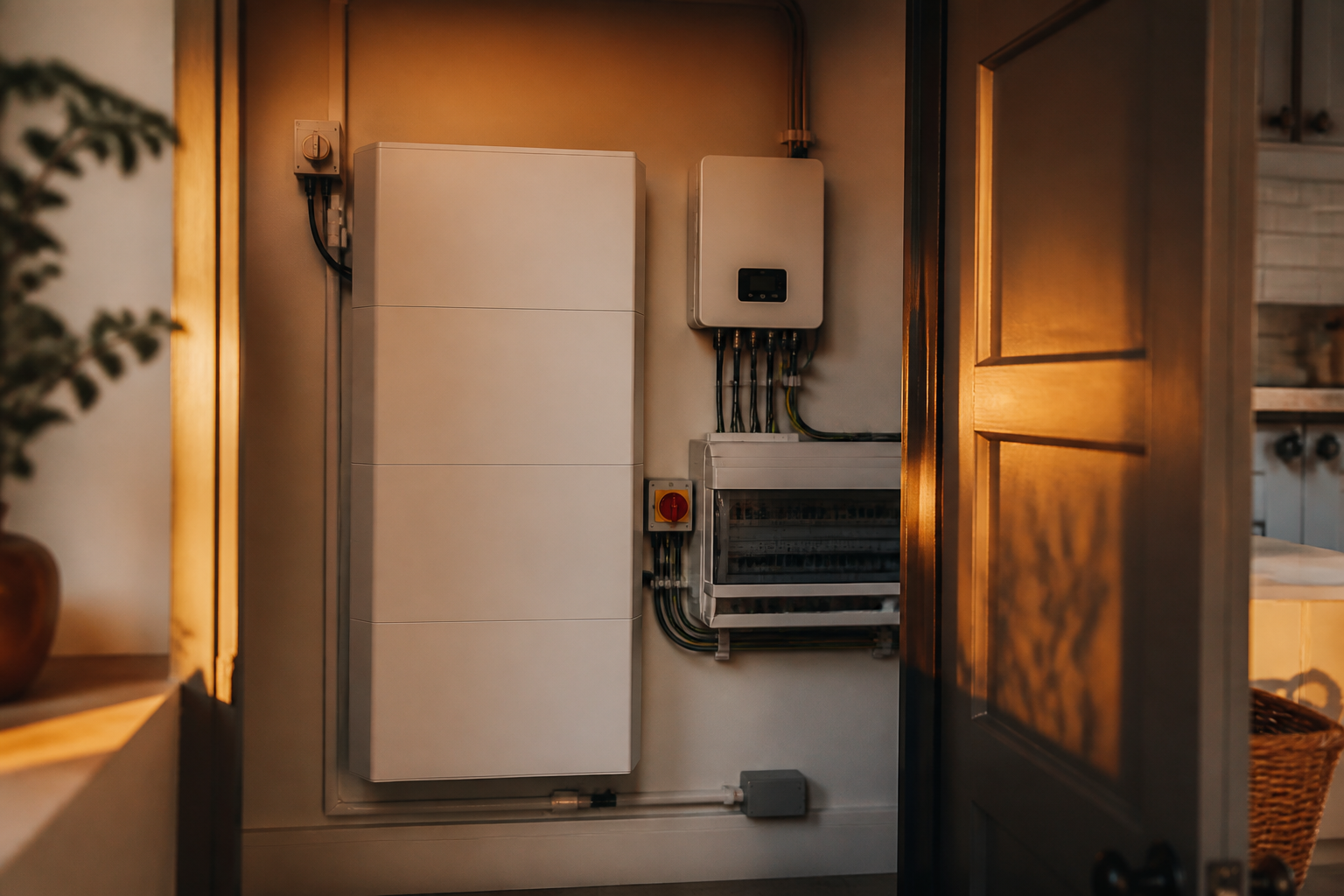 A wall-mounted home battery storage system and solar inverter installed in a modern UK residence.