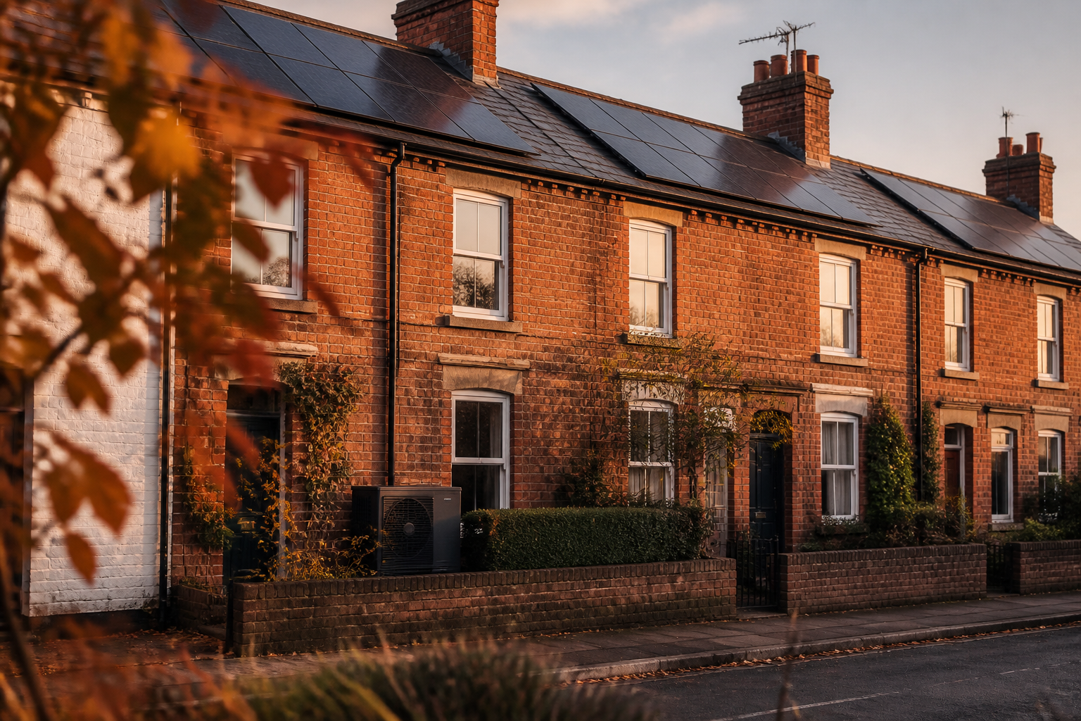 UK terraced houses featuring roof solar panels and an outdoor heat pump unit under clear sky.