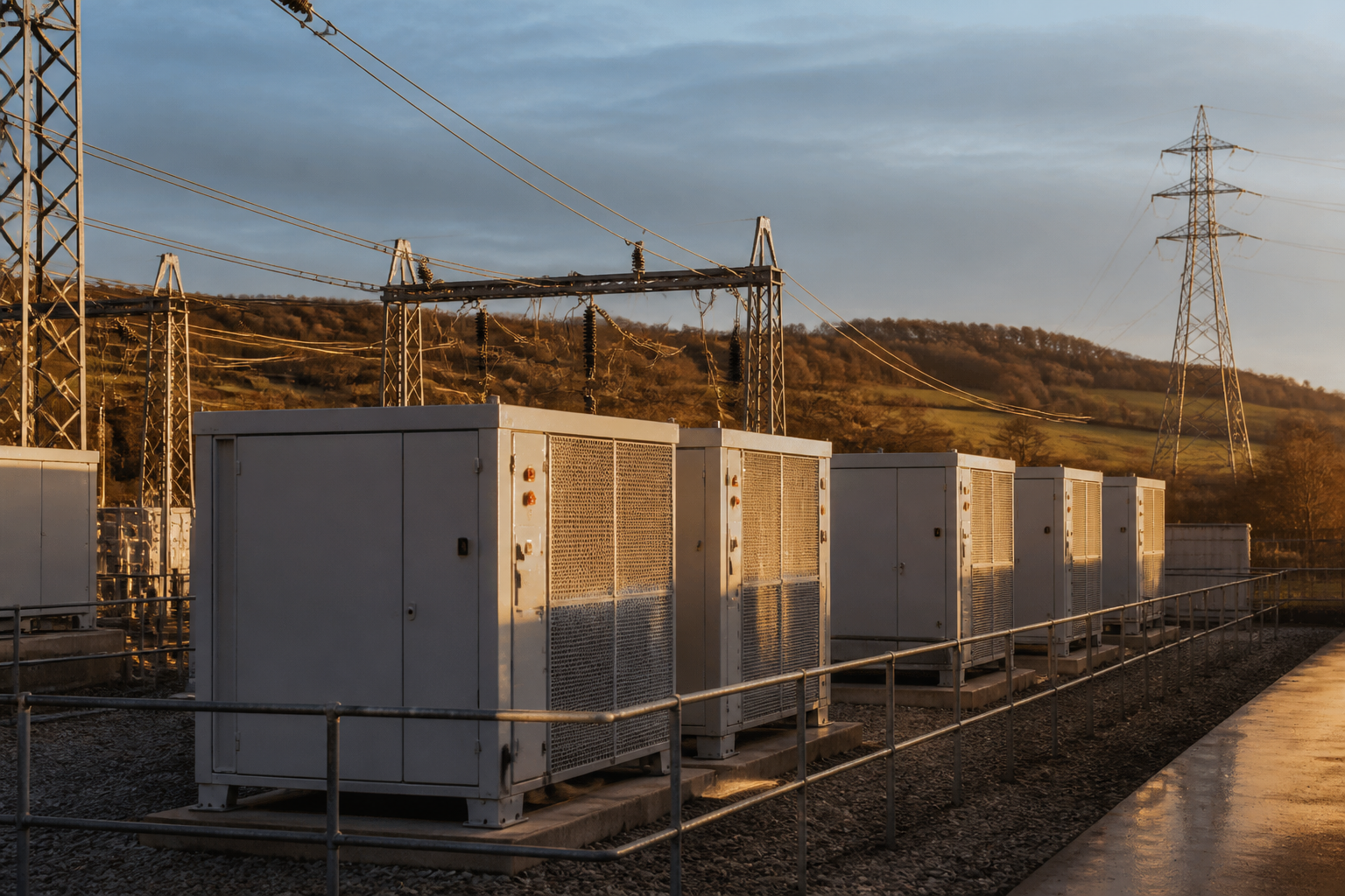Large battery storage units situated at a UK energy site under a light cloudy sky