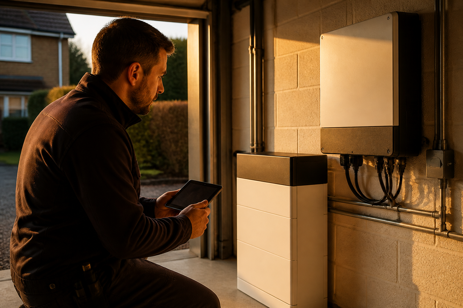 Electrician inspecting a home battery storage system and solar inverter in a UK house garage.