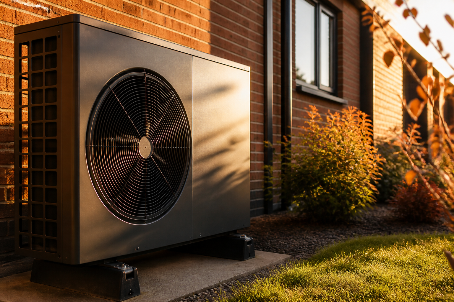An air source heat pump installed beside a brick house.