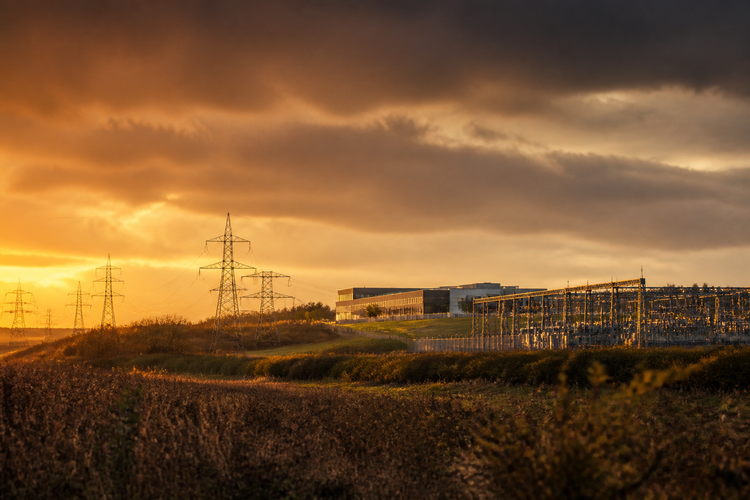 Electrical grid pylons and sub-station infrastructure in the British countryside near a modern commercial building