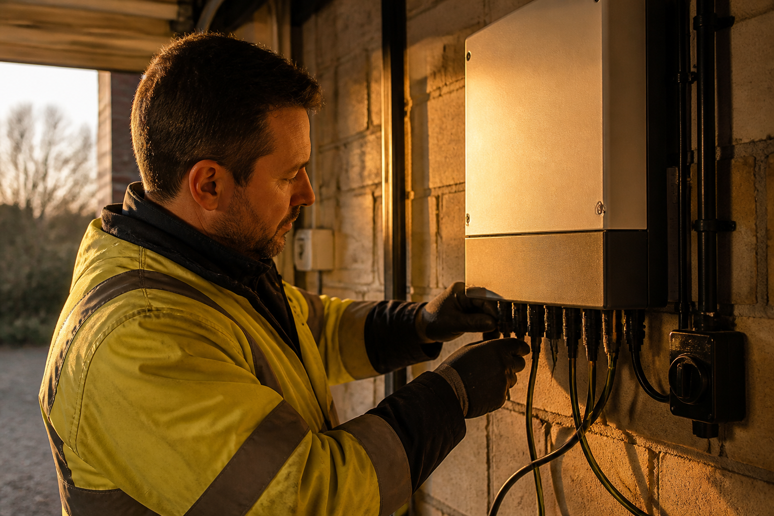 An electrician inspecting a home solar inverter installation