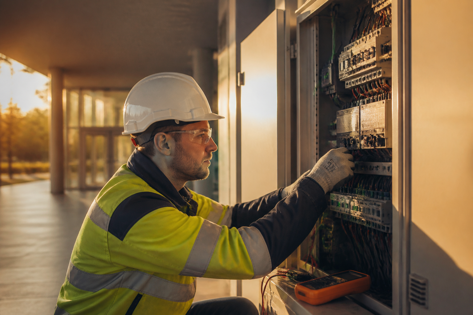 An electrician examining electrical equipment inside a UK facility.