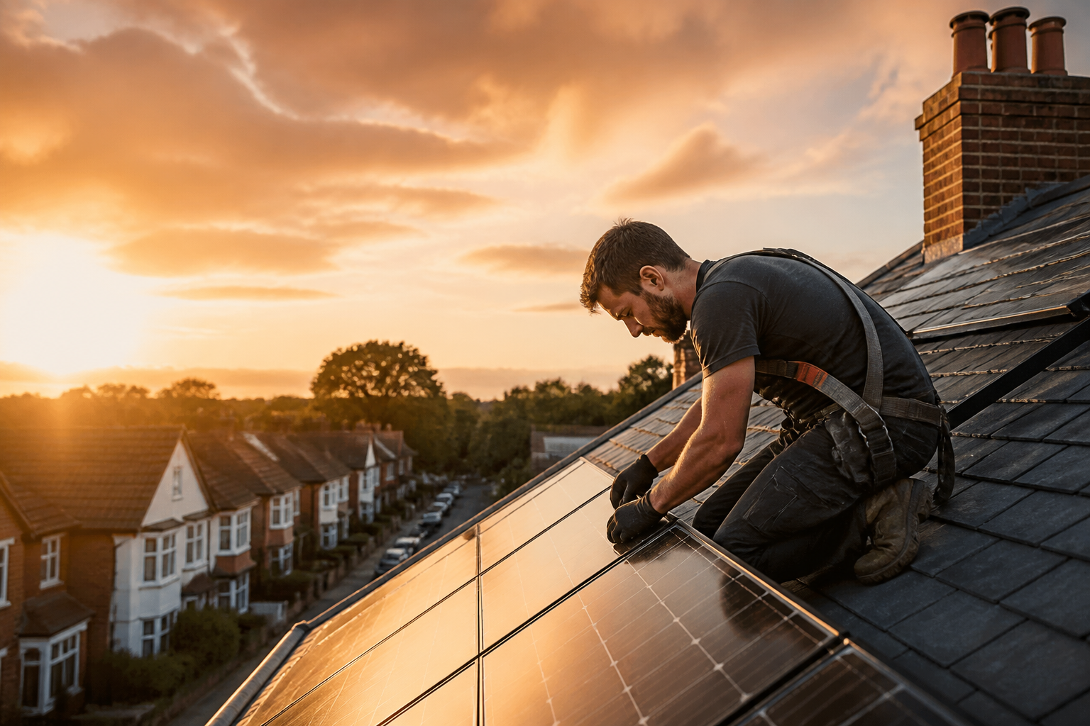 Solar panel installer working on a slate roof in the UK.