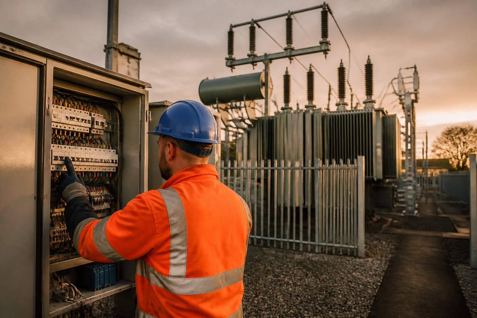 An electrician reviewing electrical infrastructure next to a UK power substation.