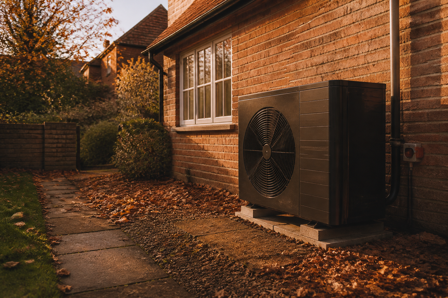Air source heat pump unit installed outside a brick British house in autumn.