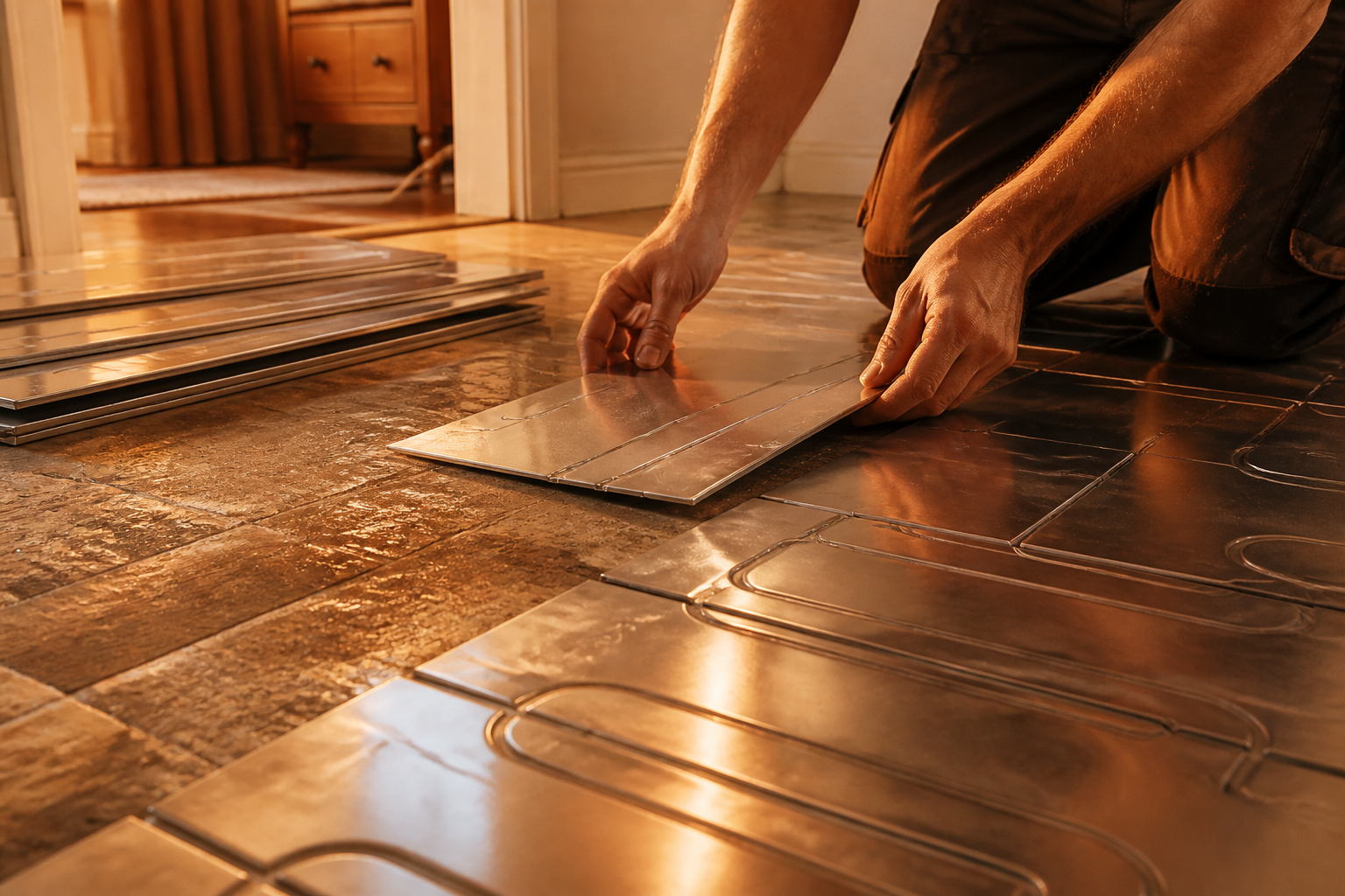Low-profile underfloor heating overlay panels fitted on a subfloor.