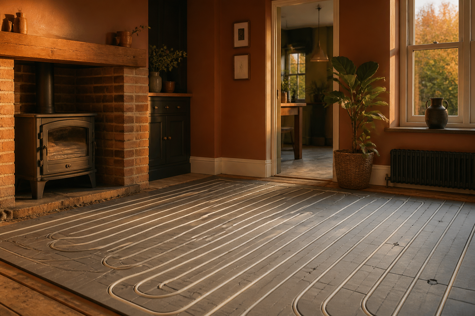 Underfloor heating overlay boards with white pipes installed on a room floor in a UK home retrofit.