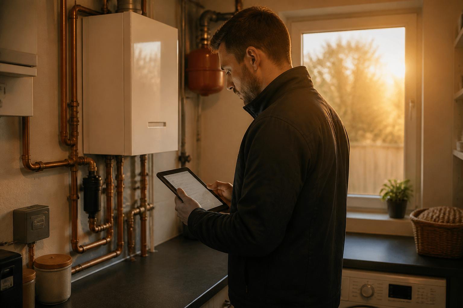 An energy assessor inspecting heating pipework inside a domestic property.