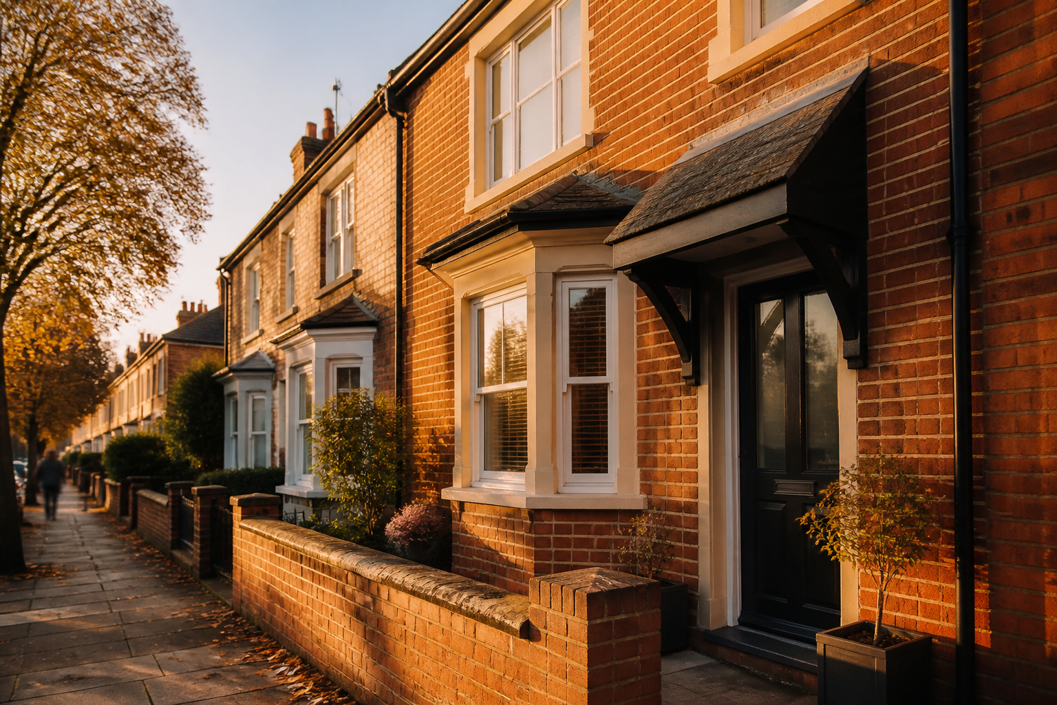 Exterior view of a traditional brick terraced house in England.