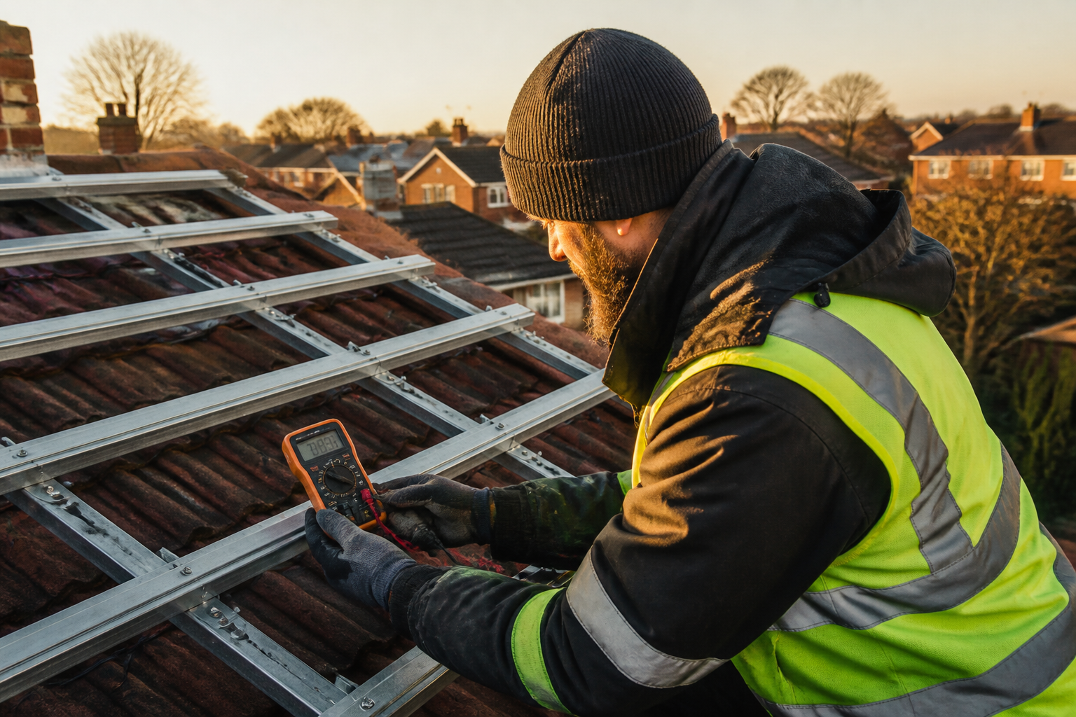 Solar panel installer checking wiring on a residential roof in winter