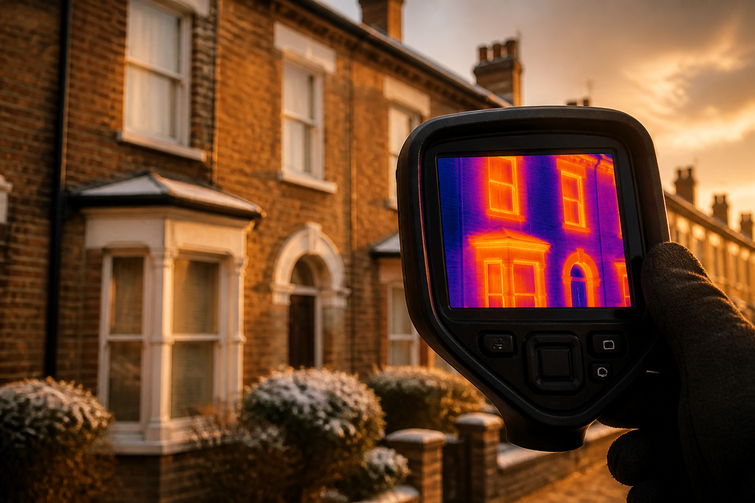 Thermal imaging camera scan showing heat loss around window reveals on a British brick house.