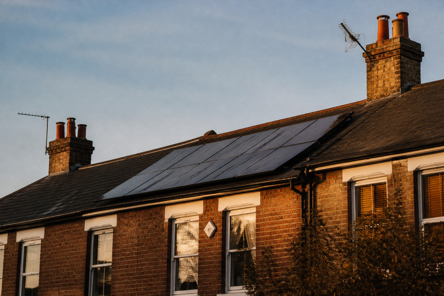Solar PV panels installed on a residential British home roof under daylight.
