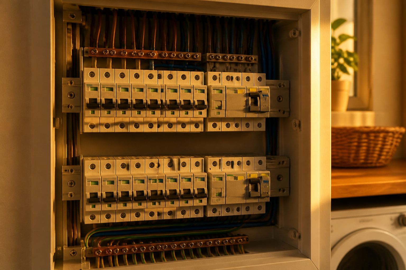 A close up of a modern UK metal consumer unit with circuit breakers and surge protection.