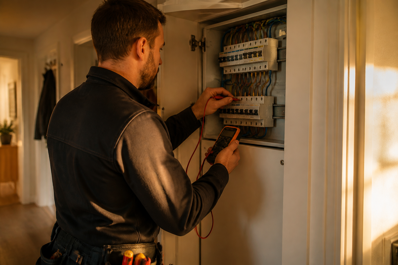An electrician inspecting a modern domestic consumer unit in a UK home.