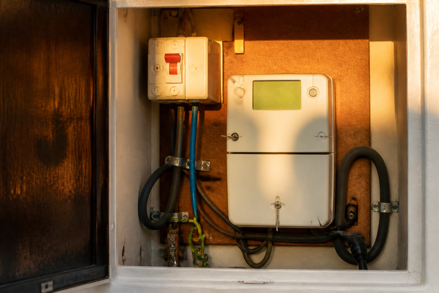 UK domestic electricity cutout fuse box and digital smart meter in an outdoor wall cabinet.