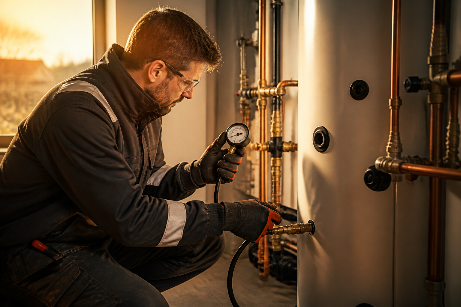A qualified plumber performing pressure tests on a newly installed hot water cylinder.