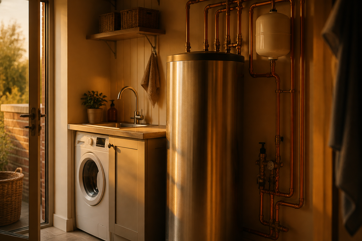 A stainless steel unvented hot water cylinder installed in a clean UK home utility room.