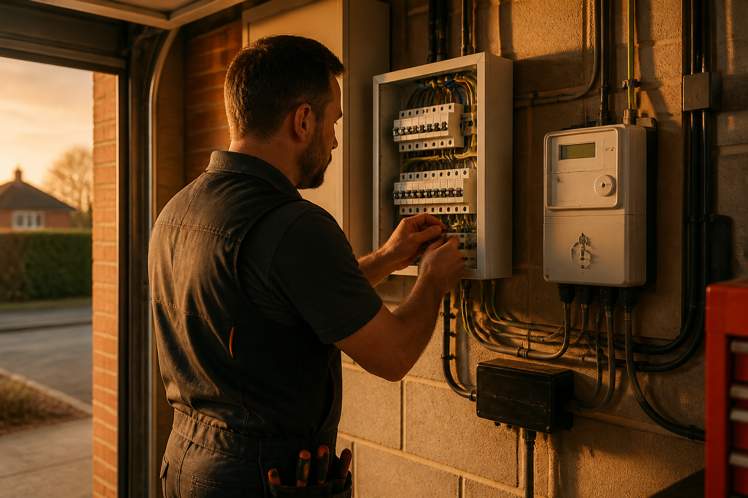 An electrician inspecting a home electrical distribution panel in a UK house