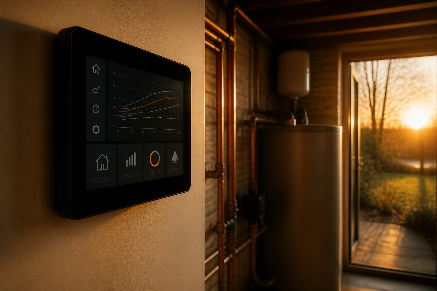 A modern heat pump digital wall controller displaying operating parameters and water flow temperature.