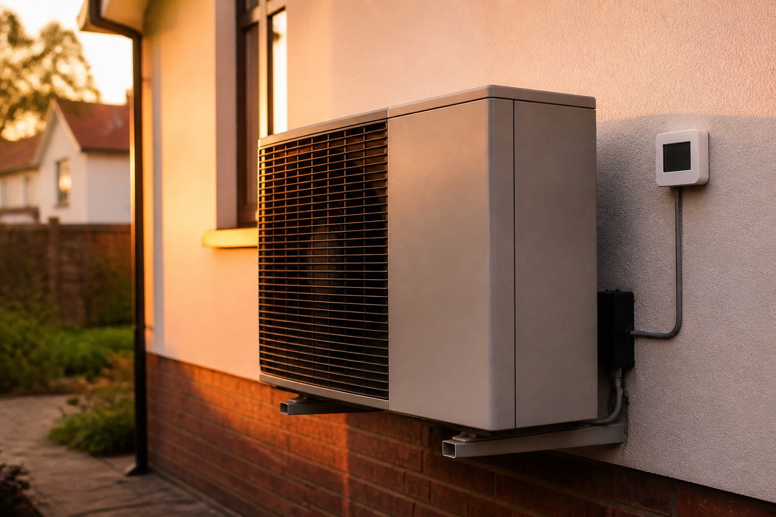 An air source heat pump outdoor unit with an external temperature sensor mounted on a UK home wall.