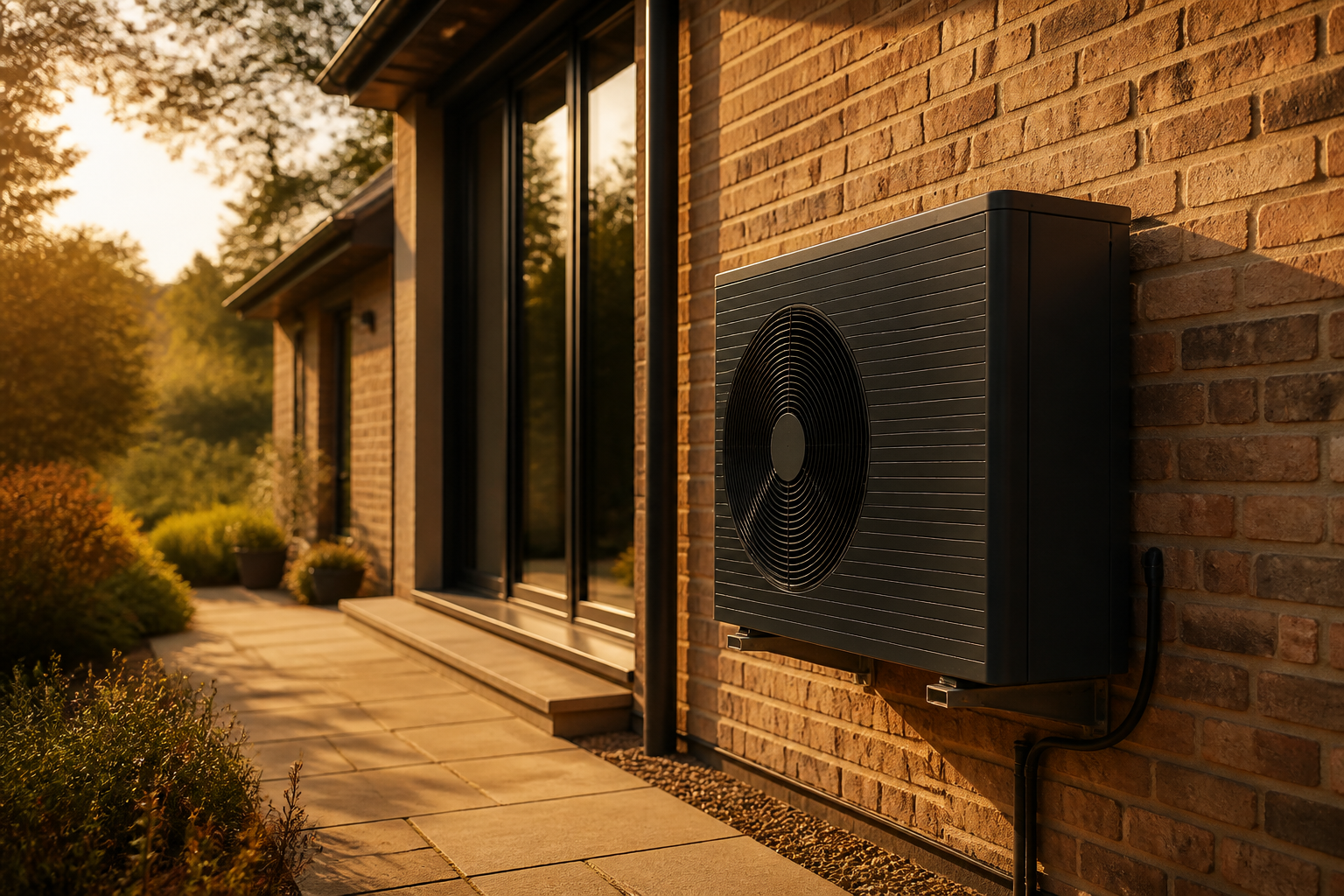 An air source heat pump outdoor unit mounted against an exterior brick wall of a British home.