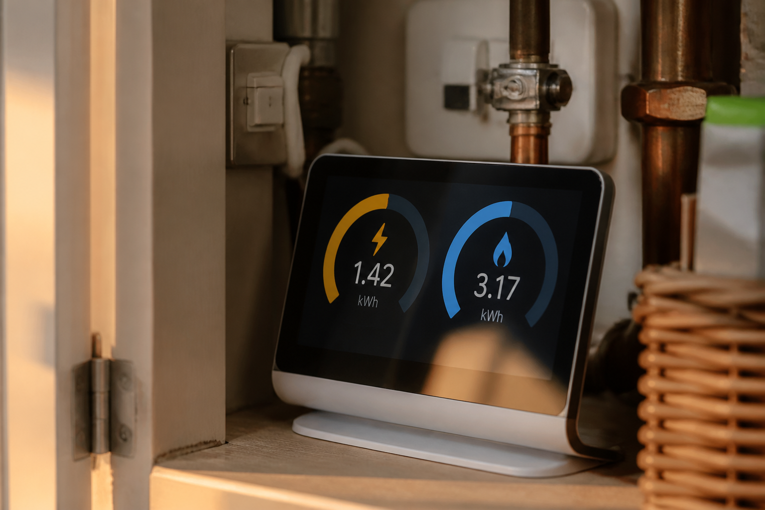 A modern digital UK smart meter displaying energy usage inside a domestic utility cupboard.