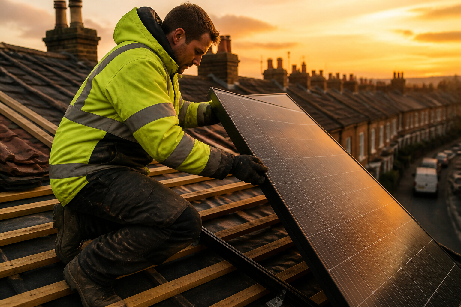 A solar installer fitting an in-roof PV panel on a house roof.