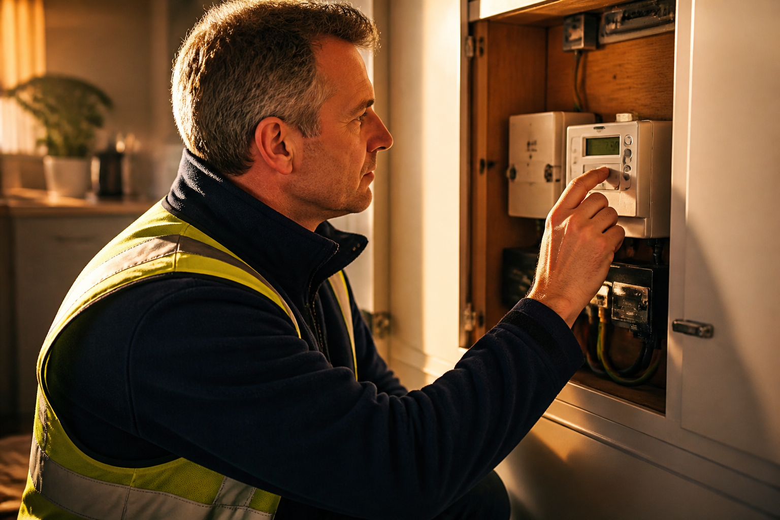 An electrician checking a domestic electricity meter display.