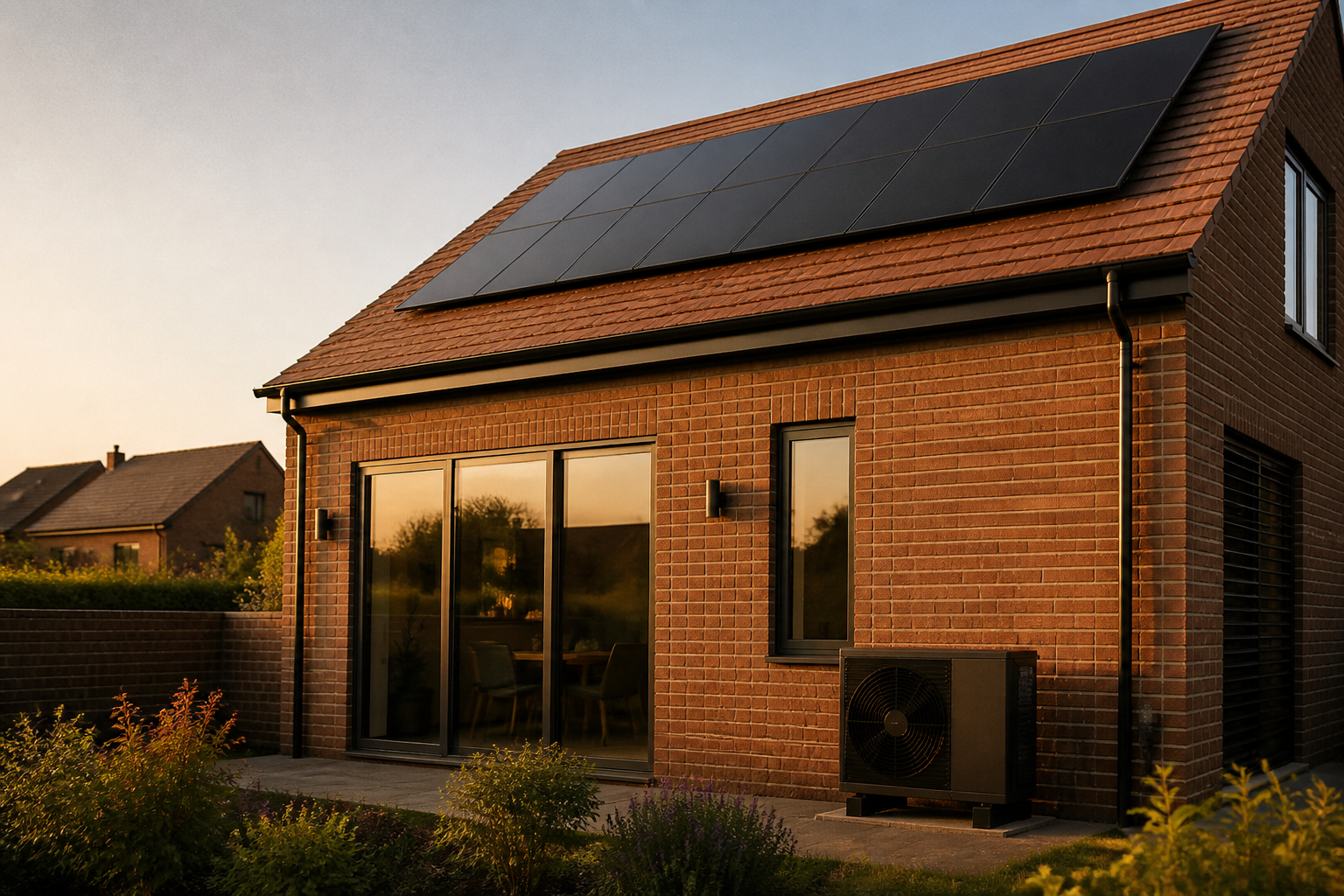 Solar panels on a UK domestic roof with a heat pump outdoor unit mounted on the wall below.