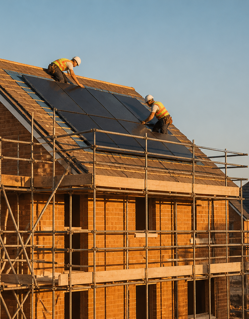 Construction site of modern UK housing with solar panels being installed on rooftops.