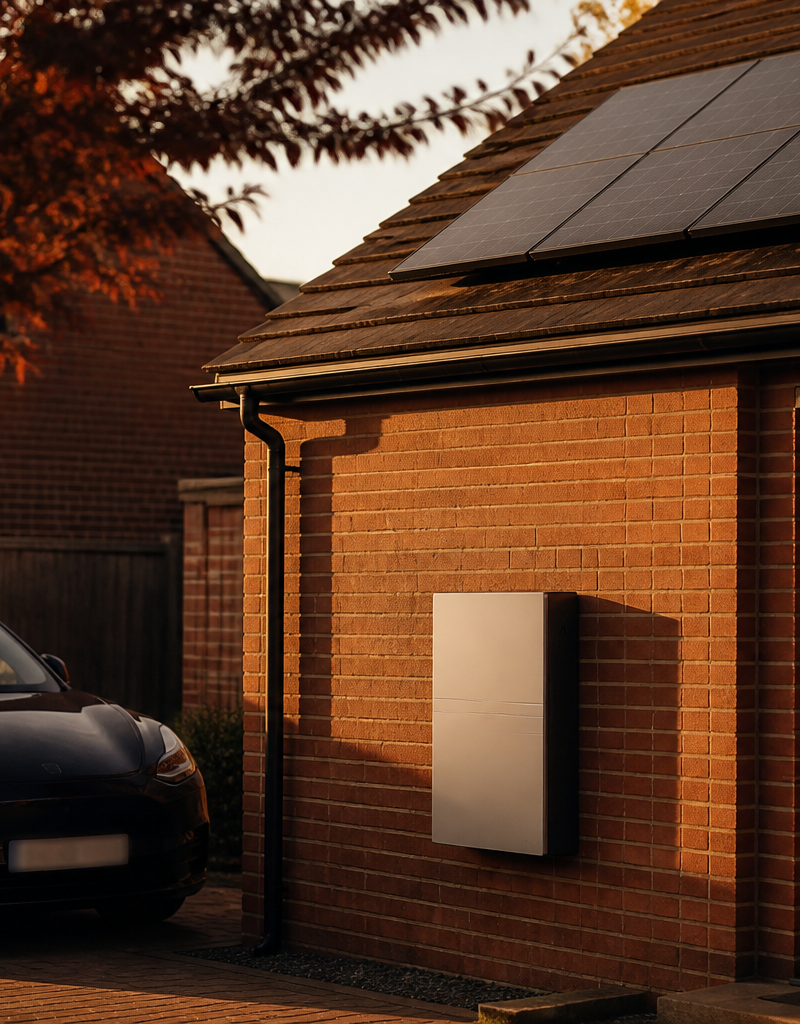 Solar PV panels on a UK brick house roof with a wall-mounted home battery storage unit