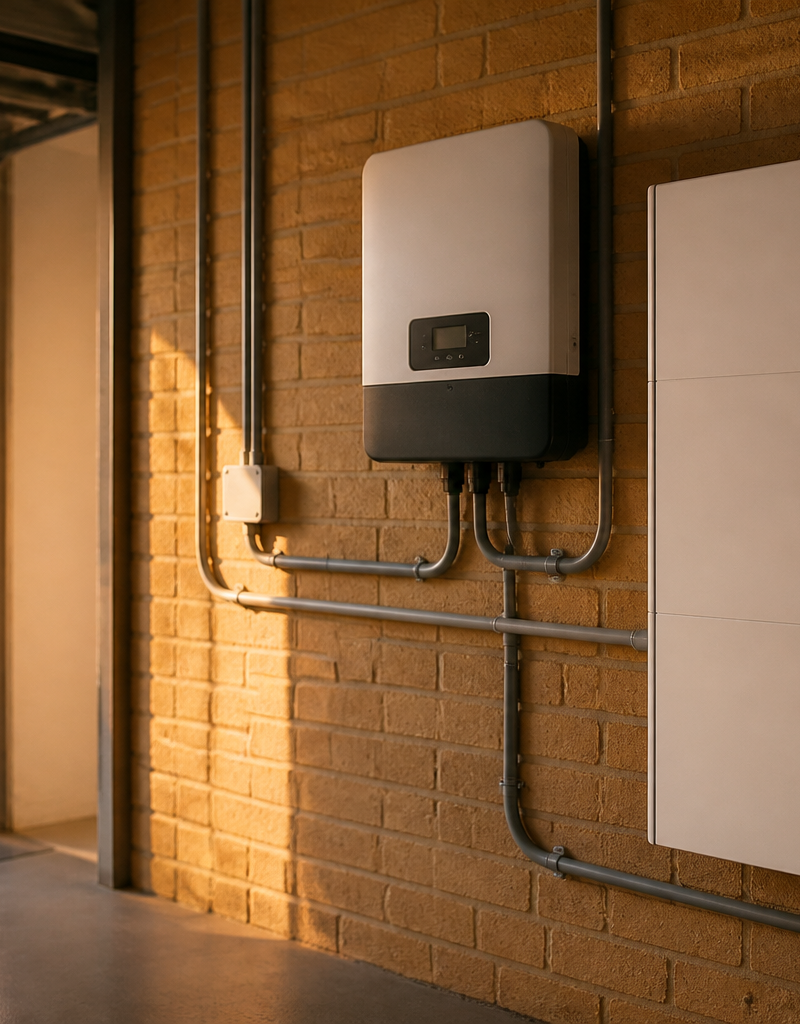 A wall-mounted battery storage unit and hybrid inverter installed neatly inside a domestic UK garage.